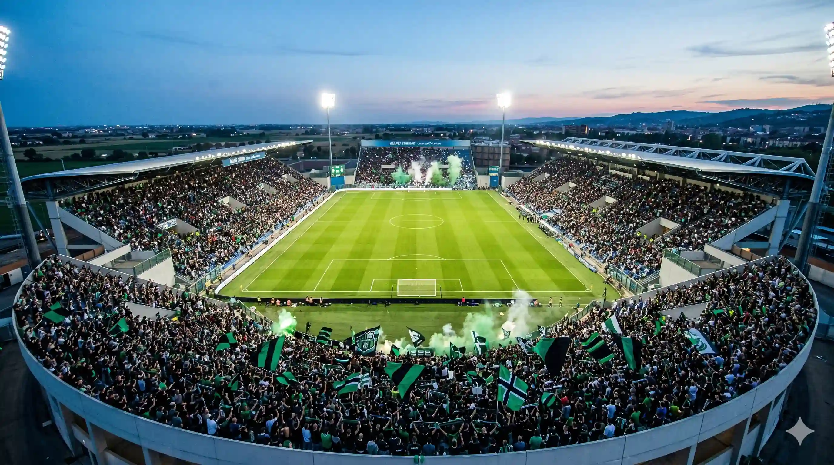 Sassuolo fans in black and green at modern Mapei Stadium night.