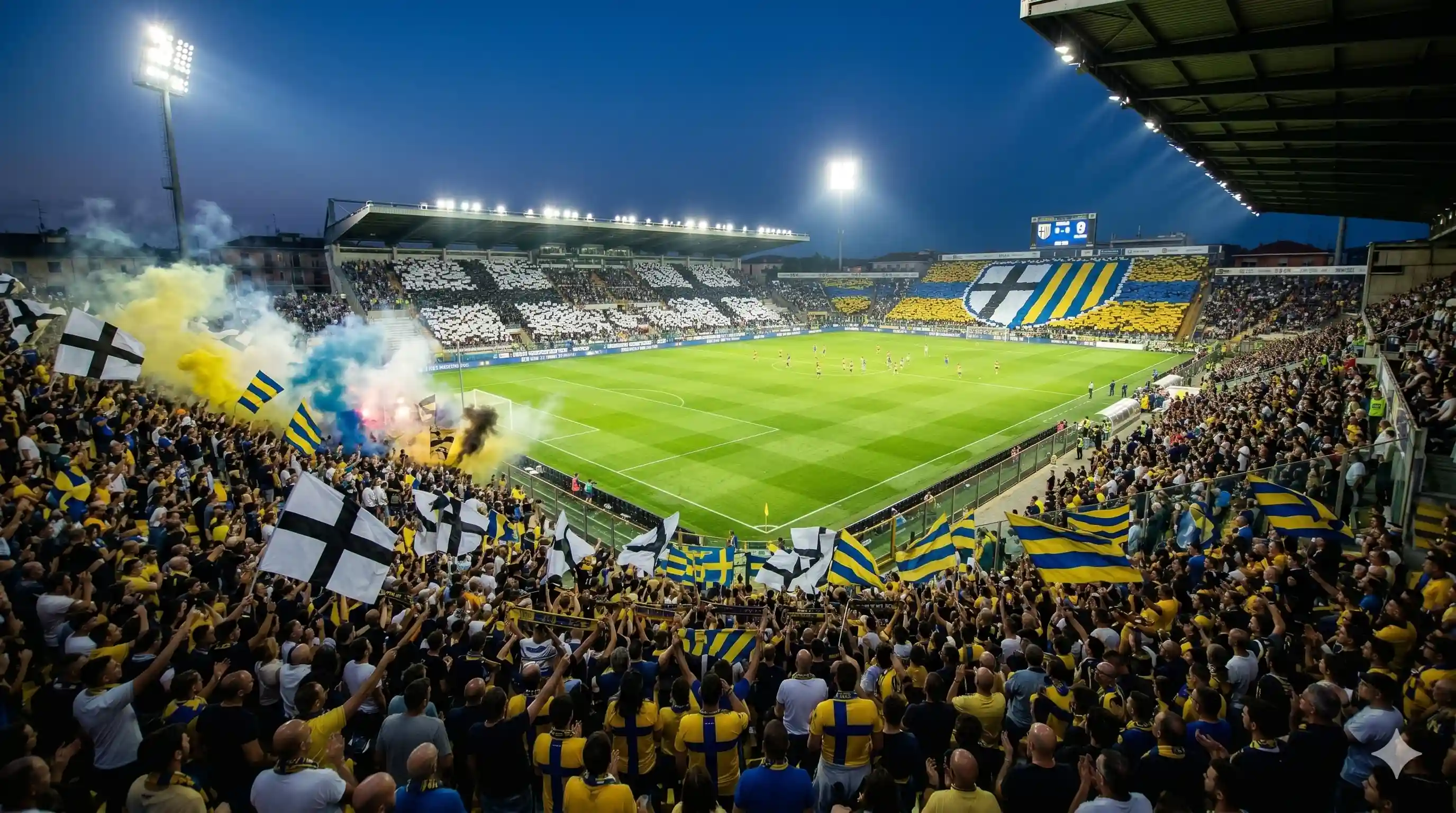 Tifosi Parma giallo e blu a croce allo stadio Ennio Tardini di notte.