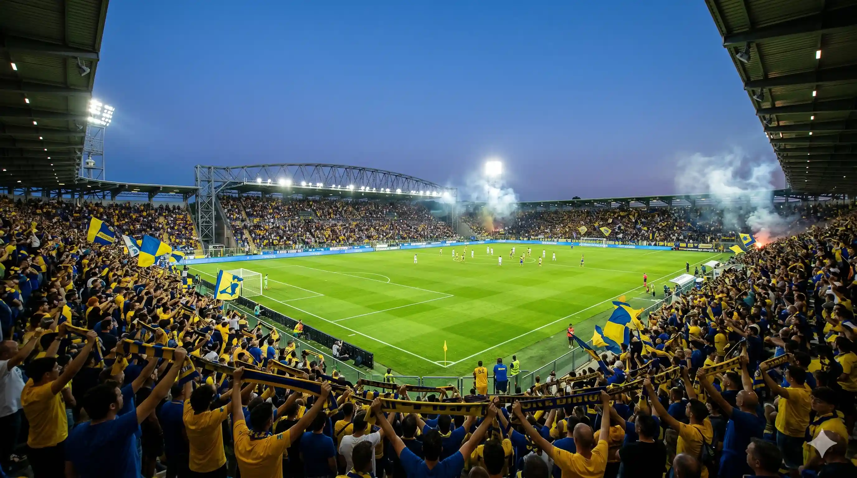 Tifosi Frosinone giallo e azzurro allo stadio Benito Stirpe di notte.