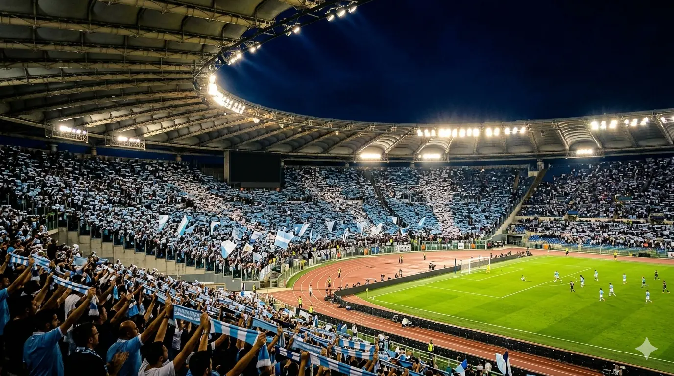 Tifosi Lazio in biancoceleste all'Olimpico di notte con sciarpe.